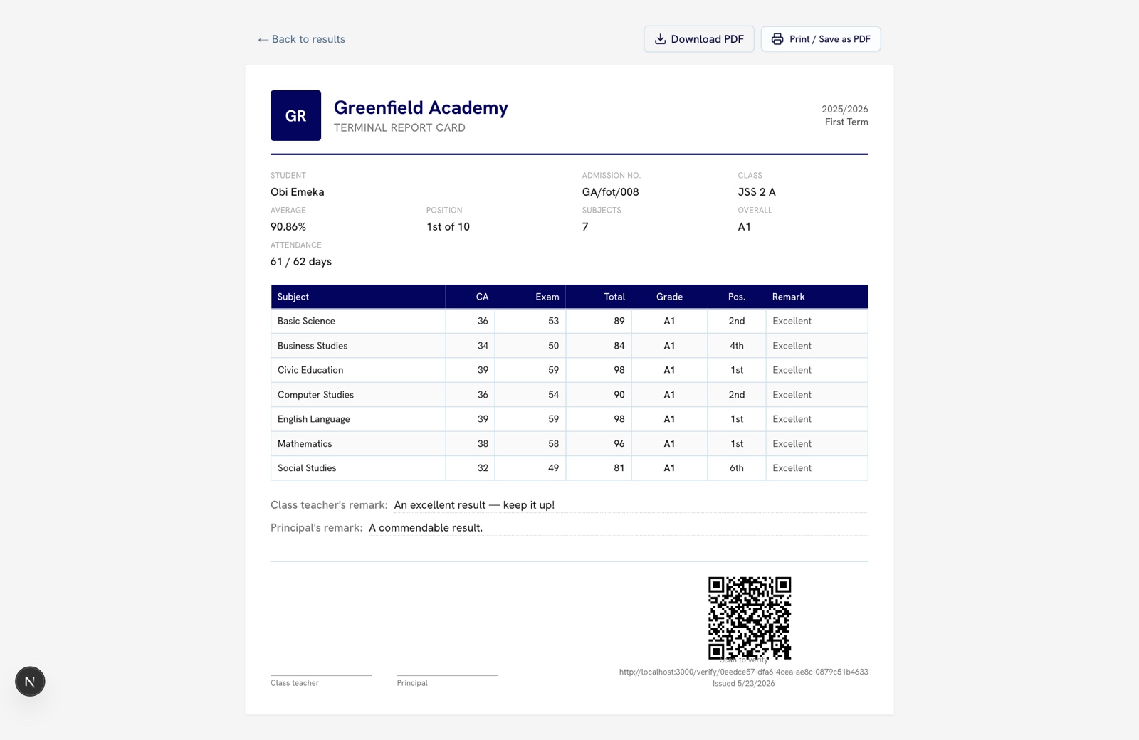 A published Result Prime report card for a JSS 2 student