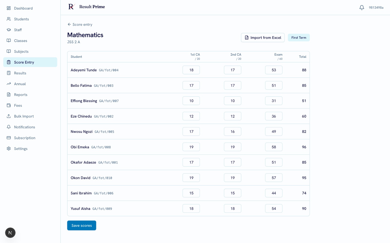 Score-entry grid in Result Prime